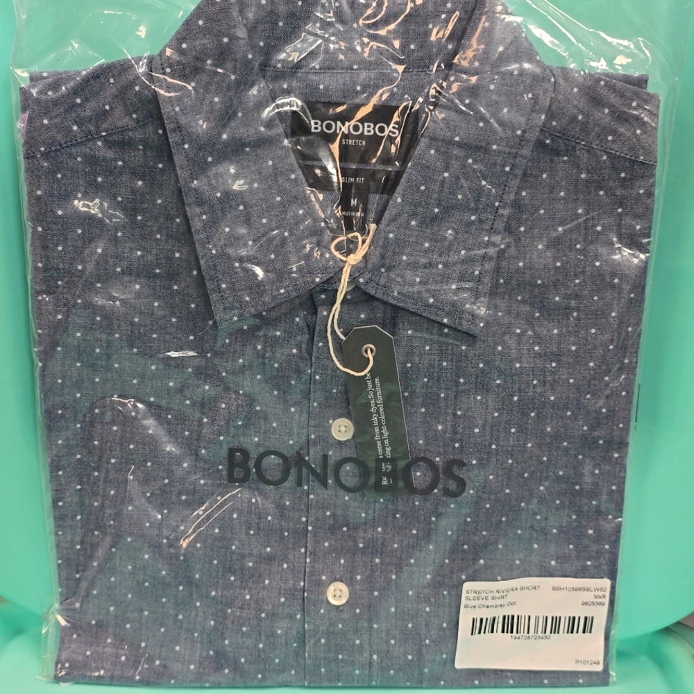 New mens Bonobos Medium SS Slim Fit stretch blue chambray dot shirt